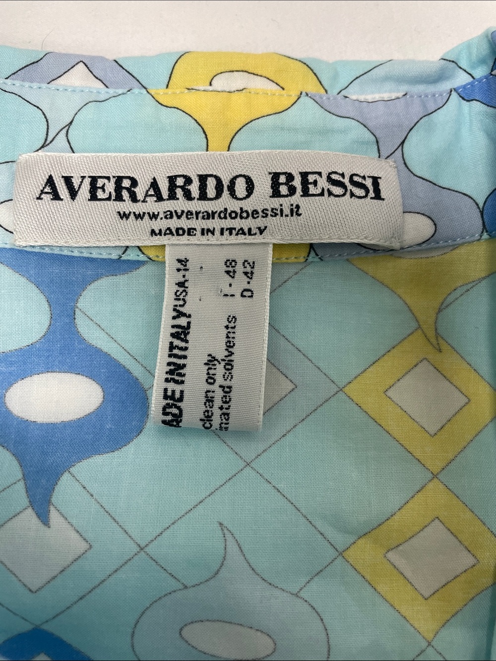 Averardo Bessi Light Blue Geometric Maxi Dress, Collared Long Sleeve, Size 14 - Picture 9 of 11